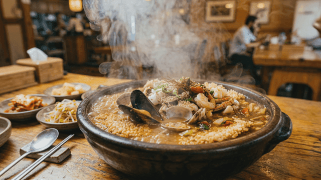 Pouring Seafood Doenjang Stew