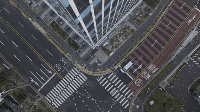 Aerial view of a city intersection