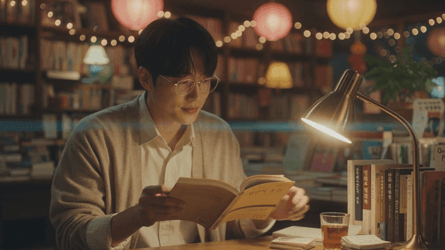 Man reading book in cozy library.