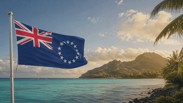 Cook Islands flag with mountains and sea in view