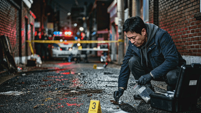 Detective investigating a crime scene at night