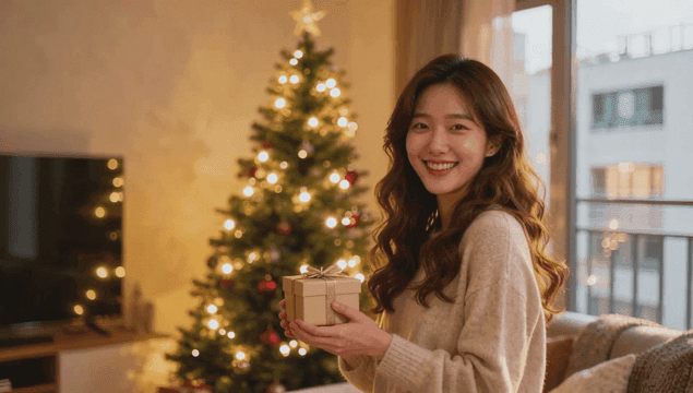 크리스마스 트리 옆에서 선물을 들고 미소 짓는 젊은 여성