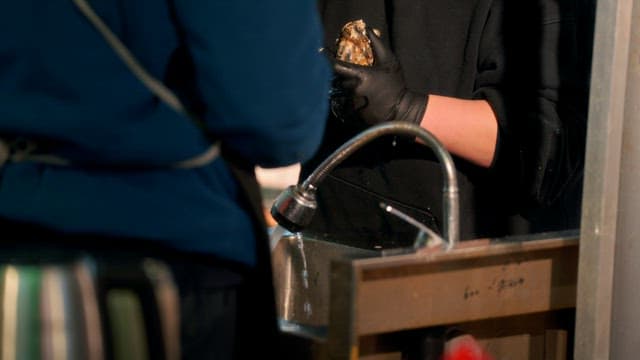 싱크대에서 굴을 세척하는 모습