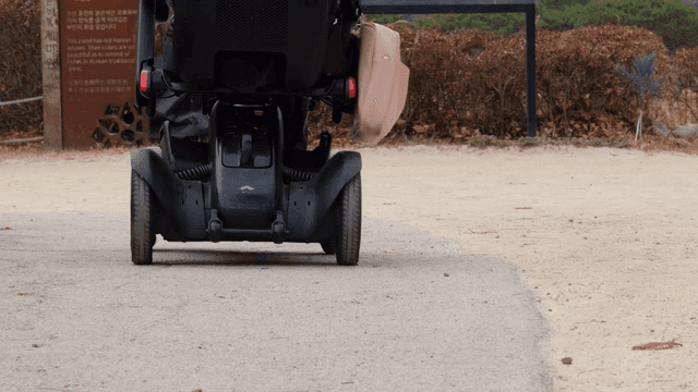 Back view of person in wheelchair walking along park path