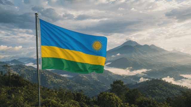 Rwandan flag fluttering in front of majestic mountain
