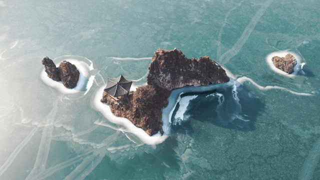 Frozen island with a traditional pavilion
