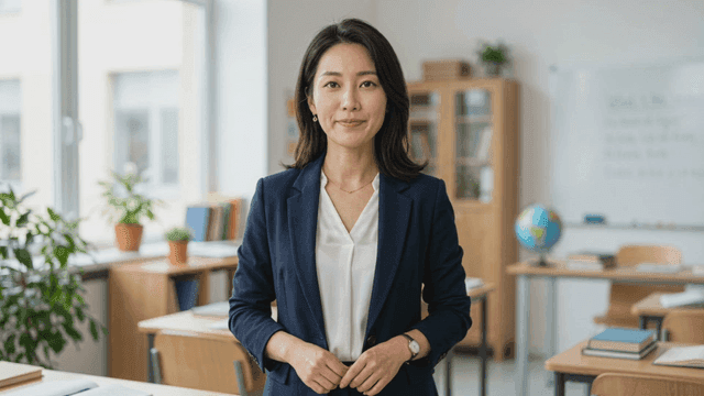 Teacher standing confidently in classroom.