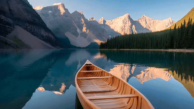 나무 카누가 있는 고요한 호수