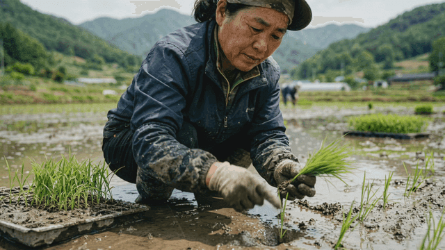 Farmer planting rice seedlings in paddy field
