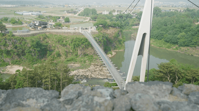 Suspension bridge over scenic canyon