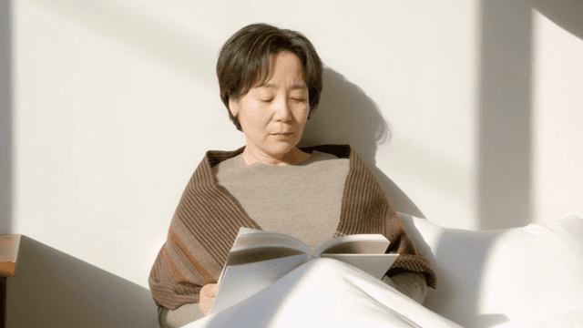 햇살이 비치는 방에서 책을 읽는 여성