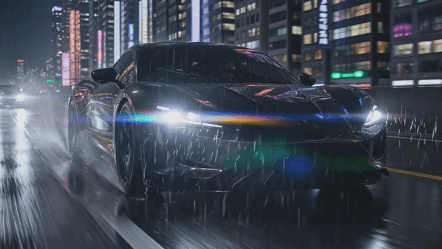 Stylish sports car driving through rainy city