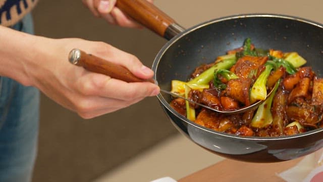 Stir-fried Bok Choy and Meat Cooked in a Pan