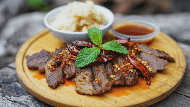 Roasted meat Nuea Yang served with rice and sauce
