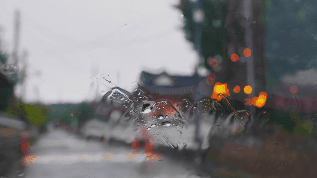 차창 너머로 보이는 뿌연 비 오는 날 풍경