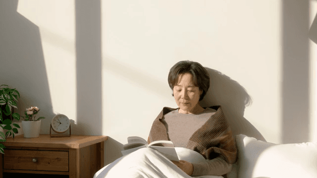 침대에서 책을 읽는 노인