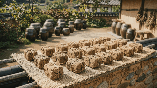 Traditional Korean meju drying outdoors