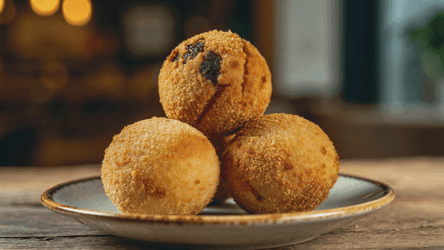 Golden fried arancini balls on a plate
