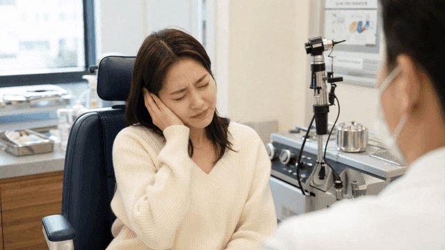 Woman consulting doctor about ear pain