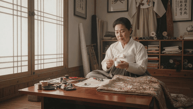 전통 한국 방에서 바느질하는 여성