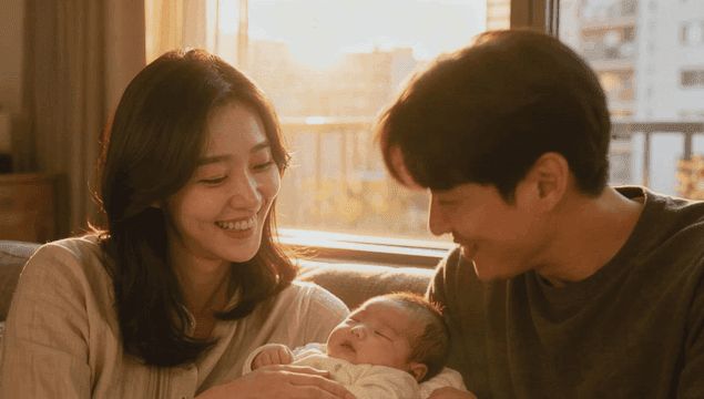 Happy parents with a newborn baby on a sunlit sofa