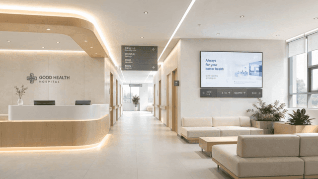 Modern hospital lobby with reception desk