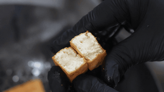 Gloves holding piece of fried tofu