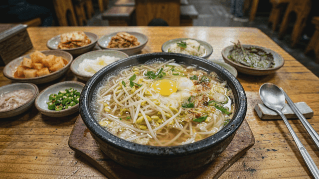 Hot bean sprout soup served with side dishes