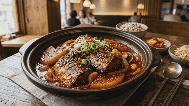 Braised mackerel with radish in a cozy restaurant