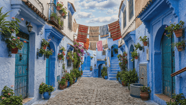 Blue European alleyway with rugs of various colors hanging