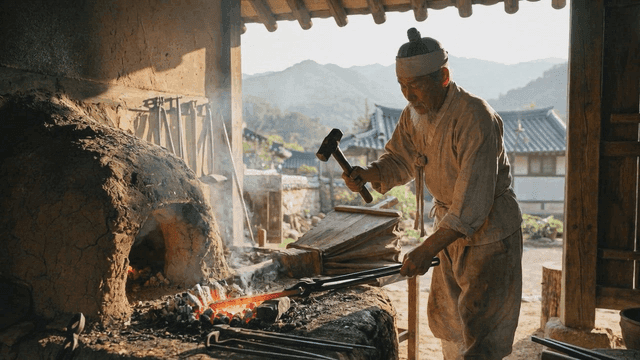 Traditional Joseon blacksmiths working in blacksmith shop