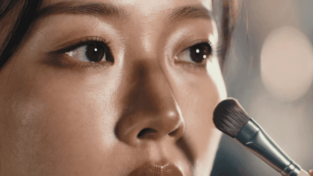 Woman applying makeup to her nose with brush