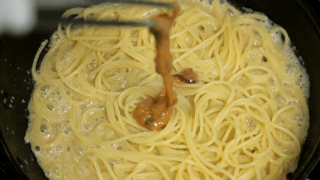 Sea cucumber on top of bubbling pasta