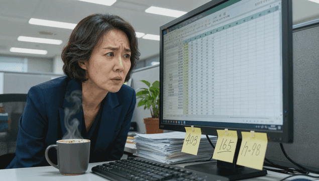 사무실에서 컴퓨터 화면을 집중하여 미간을 찌뿌리는 여성