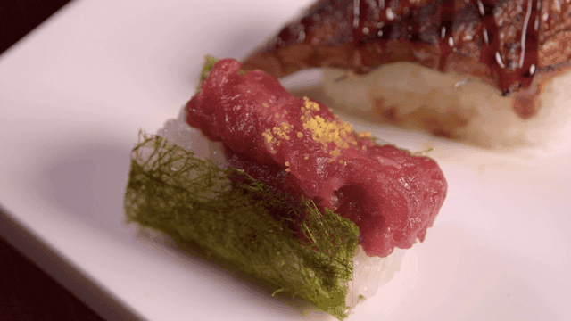 Sushi with tuna and kamikaze on plate