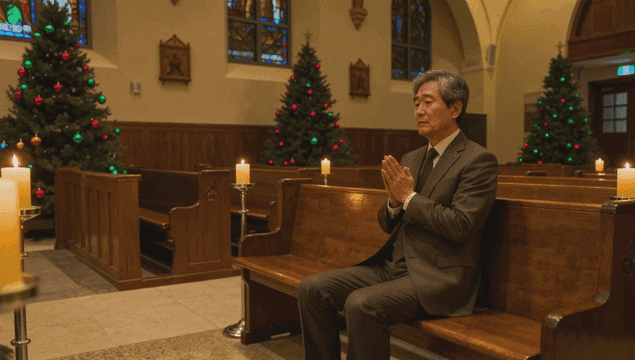 장식된 교회에서 기도하는 나이 든 남성