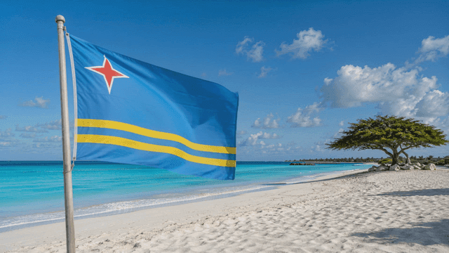 Aruba flag and tree on beach