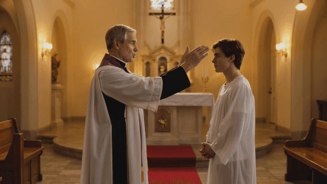 Priest blessing young person in church