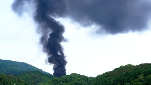 Thick black smoke rising from a forested area under the daytime sky