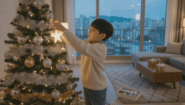 집에서 크리스마스 트리를 장식하는 아이