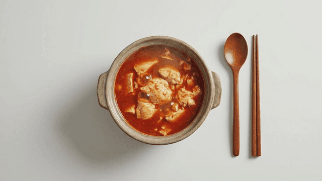 Soft tofu stew boiling in earthenware pot