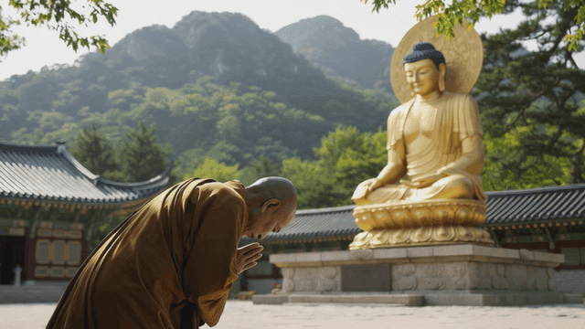 Monk praying in front of large Buddha statue