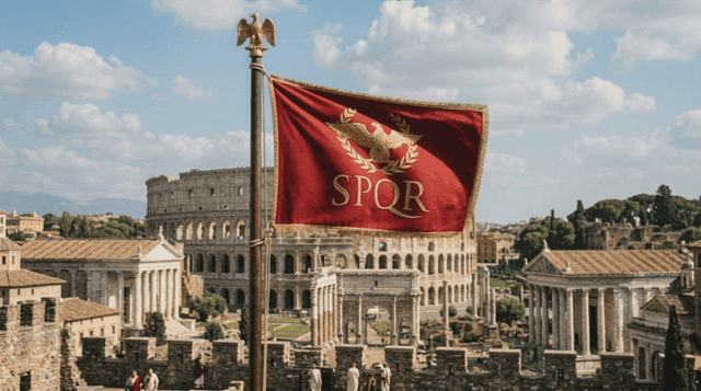 Roman flag fluttering near ancient ruin