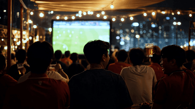 People cheering for soccer while drinking beer