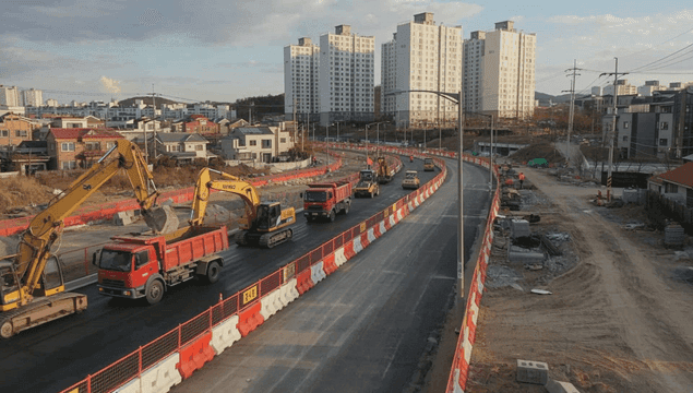 Road construction zone with heavy machinery operating