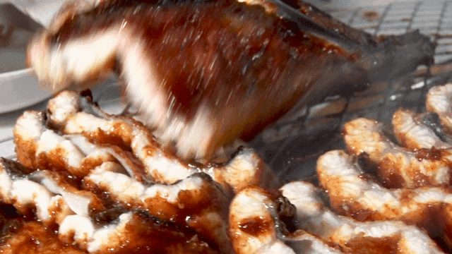 바비큐에서 소스를 바른 양념 장어 구이