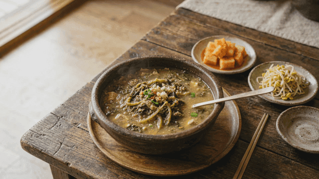 Hot dried radish leaf soybean paste soup served with kimchi and side dishes
