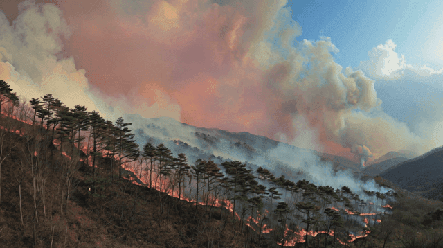 Forest fire with smoke rising in the mountains