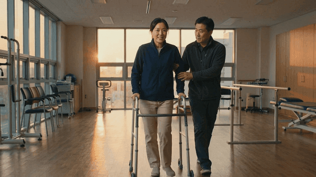 A woman practicing walking with assistance