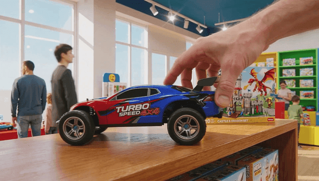 Toy store with colorful shelves and toys